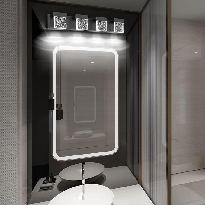 30.5 Inch 4 Light Bubble Black Crystal Bathroom Vanity Light Fixture, LED Over Mirror, Modern, 6000K