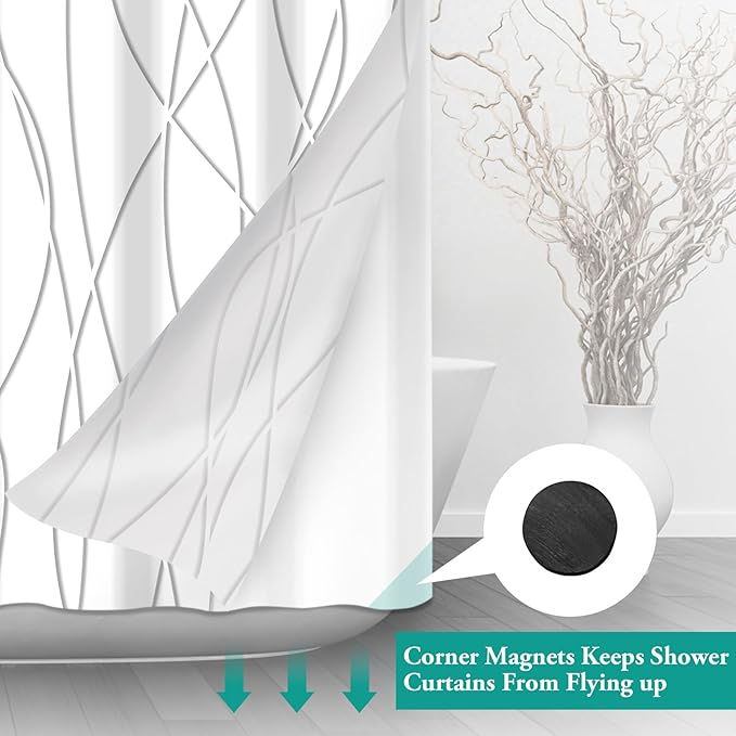 No Hook Grey Shadow Striped Long Shower Curtain with Snap in Fabric Liner Set - Hotel Shower Curtain and Liner Set with See Through Mesh Top Window,Machine Washable, 71x86 INCH