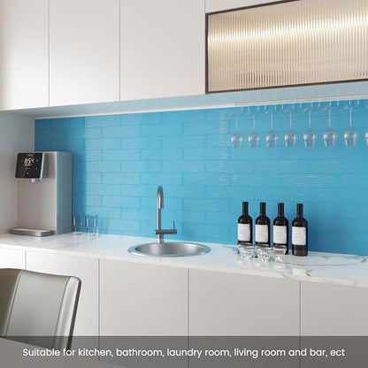 Light Blue Glass Subway Tile 3 x 12 Inch Water Ripple for Kitchen Backsplash Bathroom Wall (16-Pack, 4 sq.ft.)