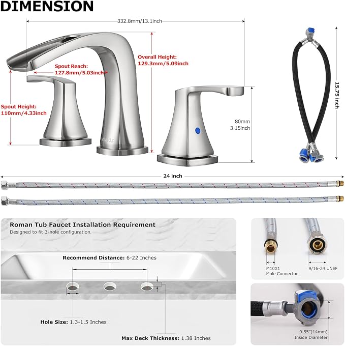 Waterfall 2 Handle Widespread Roman Tub Faucet Brushed Nickel | 3 Hole Deck Mount Bathtub Filler with Valve & Supply Lines