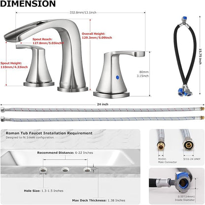 Waterfall 2 Handle Widespread Roman Tub Faucet Brushed Nickel | 3 Hole Deck Mount Bathtub Filler with Valve & Supply Lines