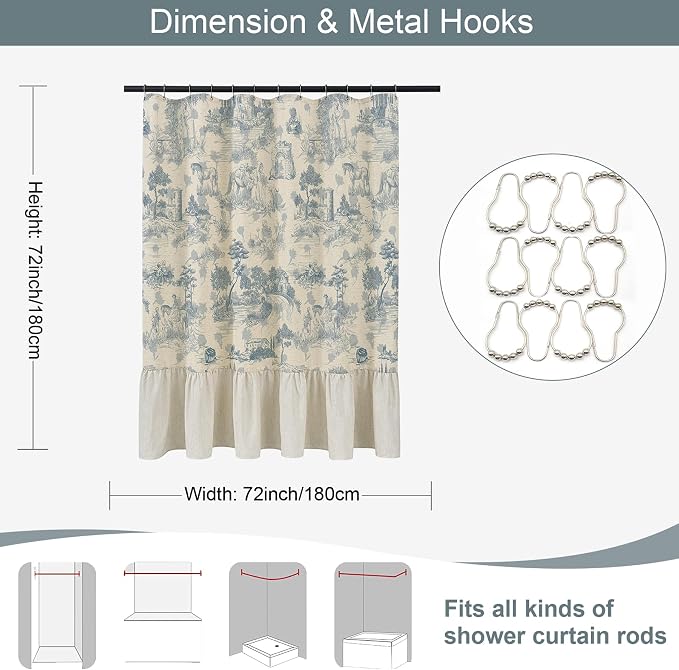 ORTIGIA Ruffle Linen Shower Curtain with Metal Hooks 72x72 Inch, Blue and White Toile de Jouy for Vintage French Country Waterproof Bathroom Decor Chateau Toile Pattern