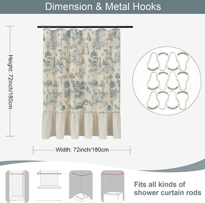 ORTIGIA Ruffle Linen Shower Curtain with Metal Hooks 72x72 Inch, Blue and White Toile de Jouy for Vintage French Country Waterproof Bathroom Decor Chateau Toile Pattern