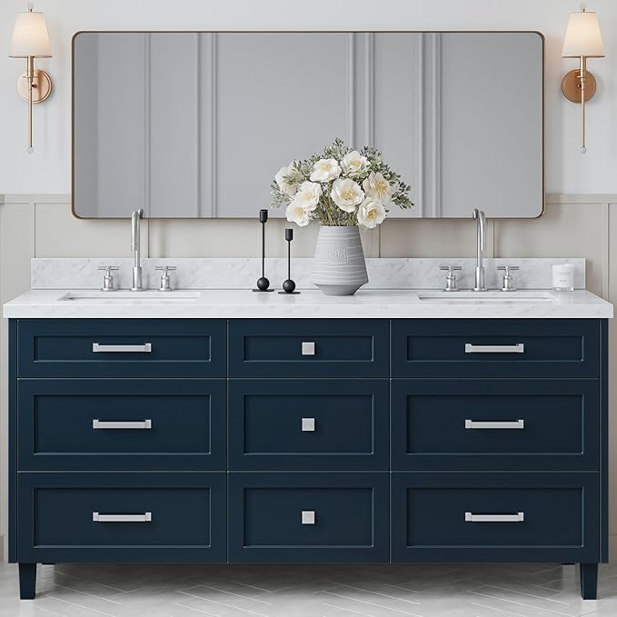 ARIEL Monroe 72-inch Bathroom Vanity with Sink,Solid Wood, 1.5-inch Italian Carrara Marble Countertop & Backsplash, Double Oval Porcelain Sink, 9 Dovetail Drawers, Brushed Nickel, Midnight Blue