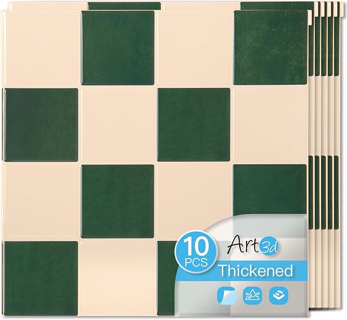 Art3d Grid Tile Peel and Stick Backsplash, 10-Pack, Dark-Green & Warm White | 12 x 12 Inch, Enhanced Thickness, Superior Adhesion, Moisture Resistant, Long-Lasting, Minimalist Look, for Kitchen Decor