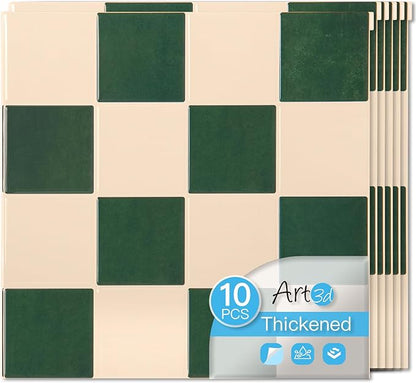 Art3d Grid Tile Peel and Stick Backsplash, 10-Pack, Dark-Green & Warm White | 12 x 12 Inch, Enhanced Thickness, Superior Adhesion, Moisture Resistant, Long-Lasting, Minimalist Look, for Kitchen Decor