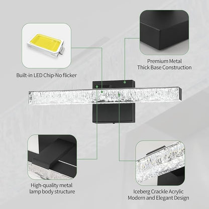 Modern LED Bathroom Vanity Light Fixtures, 16-Inch Black Wall Sconce with Iceberg Crackle Acrylic, Linear Bathroom Lighting Over Mirror Cabinet, Non-Dimmable 110V Wall Mount Lamp for Restroom