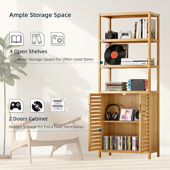 6-Tier Bamboo Book Shelves with 2 Door, Tall Bathroom Storage Cabinet | Freestanding Natural Bamboo Cabinet, 67" Tall Cabinet w/Plant Stand for Home Office, Living Room, Kitchen Dining,Balcony,2PCS