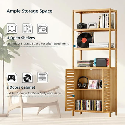 6-Tier Bamboo Book Shelves with 2 Door, Tall Bathroom Storage Cabinet | Freestanding Natural Bamboo Cabinet, 67" Tall Cabinet w/Plant Stand for Home Office, Living Room, Kitchen Dining,Balcony,2PCS