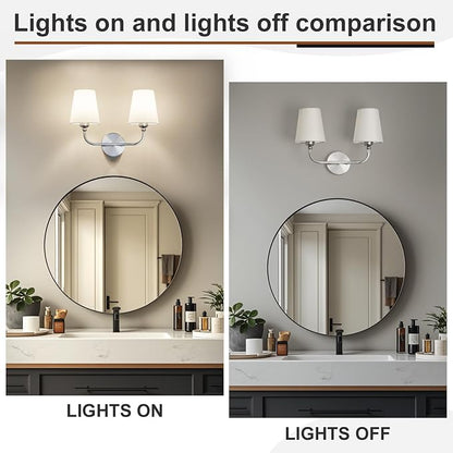 Bathroom Vanity Light Brushed Nickel Bathroom Lighting Fixtures Over Mirror | 2-Light Bathroom Light Fixtures with Flared White Fabric Shade, E26 Socket (ETL Listed)