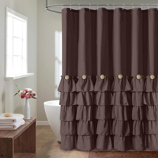 Seasonwood Brown Shower Curtains for Bathroom Dark Brown Ruffle Shower Curtain with Natural Buttons Farmhouse Style 72×84