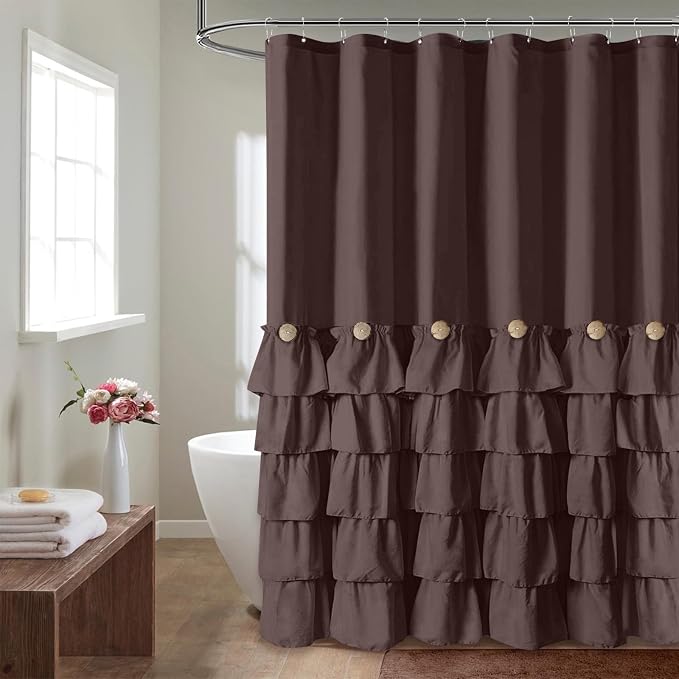 Seasonwood Brown Ruffle Shower Curtain Farmhouse Shower Curtain 72 X 78 | Natural button accents, layered fabric tiers, shabby chic and French country styling for decorative bathroom updates