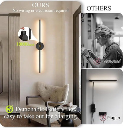 Battery Operated Wall Sconce Set of 2: 10000mAh Wireless Sconces Rechargeable Wall Lights with Touch and Remote, 360° Rotate Cordless Wall Lamp for Bedroom Living Room Hallway, 31.5 Inch, Black