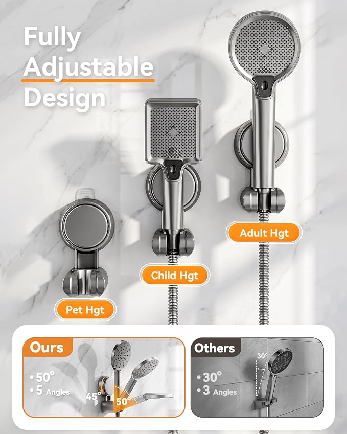 JOTPE Adjustable Suction Cup Shower Head Holder, Wall Mount, Gray | Adjustable holder fits most handheld shower heads, Reusable suction cup installs without drilling on smooth surfaces