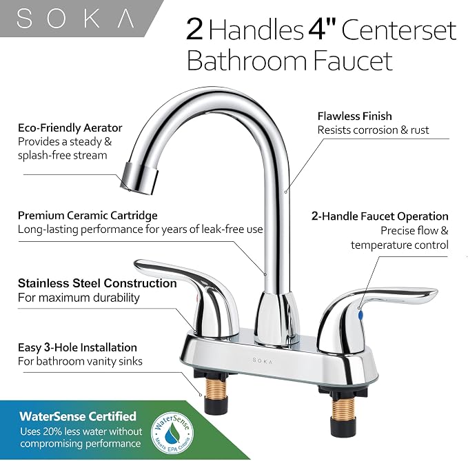 SOKA Two Handles Centerset Bathroom Faucet for Sink High Arc Stainless Steel with Deck Plate & Pop-Up Drain Assembly Fit 3 Hole Installation, Chrome (SK18001C)