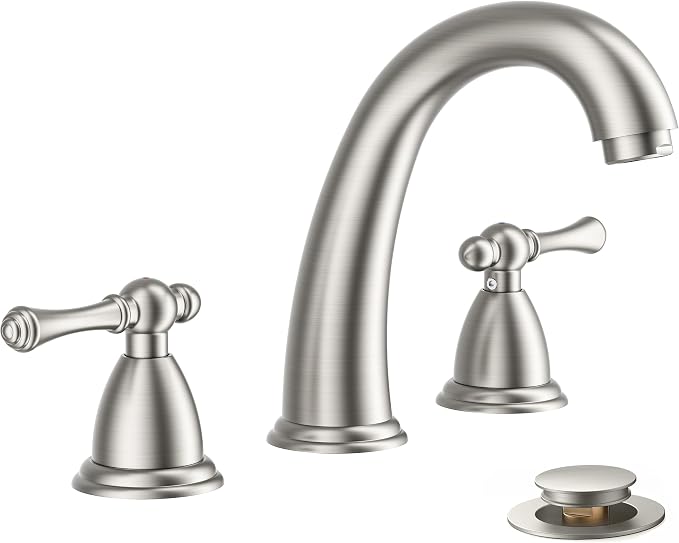 FORIOUS Bathroom Faucet 3 Hole Widespread 8" Sink Faucets Brushed Nickel | 3-hole 6-12 Inch Widespread Sink, 2 Lever Handle, with Drain and Hoses,for Vanity Rv Commercial Lavatory Restroom Farmhouse