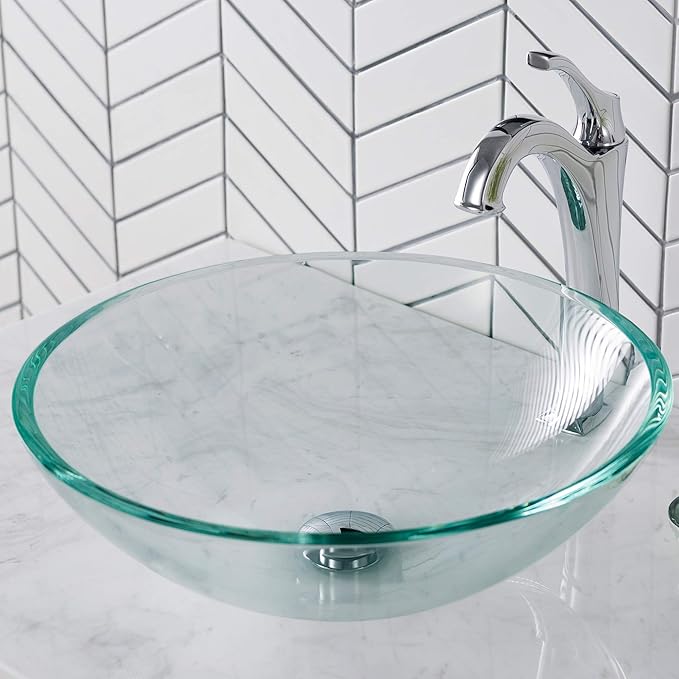 KRAUS 16 1/2-inch Crystal Clear Glass Bathroom Vessel Sink and Arlo™ Faucet Combo Set with Pop-Up Drain, Chrome Finish