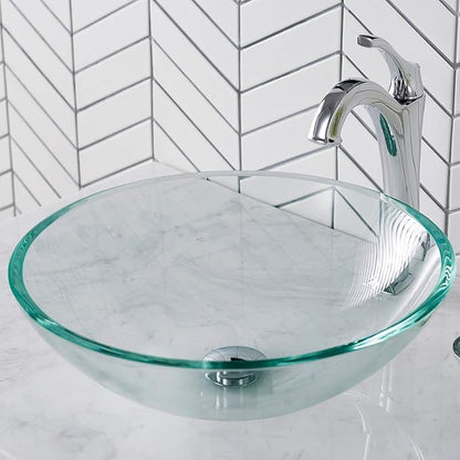 KRAUS 16 1/2-inch Crystal Clear Glass Bathroom Vessel Sink and Arlo™ Faucet Combo Set with Pop-Up Drain, Chrome Finish