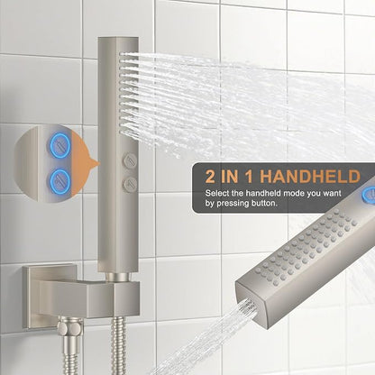 Rain Shower System 12" & 6" Dual Shower Heads Ceiling Shower Faucet Set | Ideal for bathroom remodels and upgrades with 12" rain shower, 6" angled shower, handheld spray and complete valve kit.