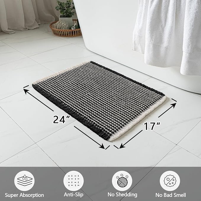 MIULEE Set of 2 Waffle Bathroom Rugs Boho Bath Mat Black&Cream 17x24 Inch | Non Slip, Super Absorbent, Washable, Ultra Soft, Rubber Backed, Small Bath Rugs for Bathroom Floor Tub Shower