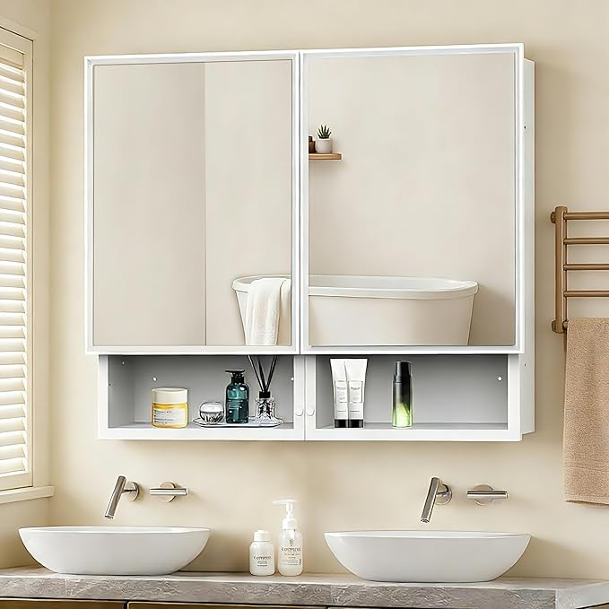 32x26 Inch Medicine Cabinet with Mirror, Bathroom Mirror Cabinet with Double Doors, Extra Storage Space, Bevel Mirror Wall Cabinet, Recessed or Surface Mount