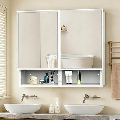 32x26 Inch Medicine Cabinet with Mirror, Bathroom Mirror Cabinet with Double Doors, Extra Storage Space, Bevel Mirror Wall Cabinet, Recessed or Surface Mount