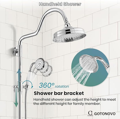 gotonovo Luxury Exposed Shower Faucet Set Bathroom Shower System 8 Inch Wall Mount Rainfall Shower Head with Handheld Spray Cross Double Handle Shower Fixture Adjustable Arc Rod Polish Chrome