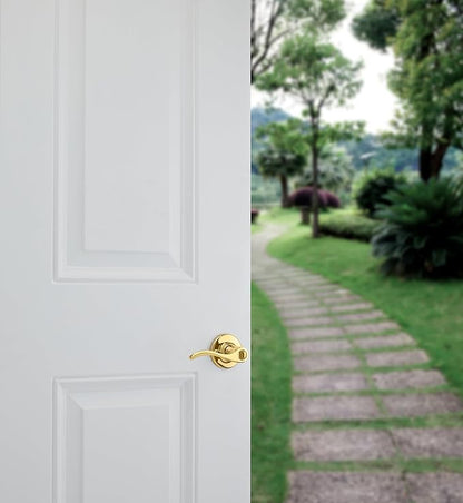 Kwikset Balboa Entry Door Handle with Lock and Key, Secure Keyed Reversible Lever Exterior, for Front Entrance and Bedrooms, Polished Brass, Pick Resistant Smartkey Rekey Security