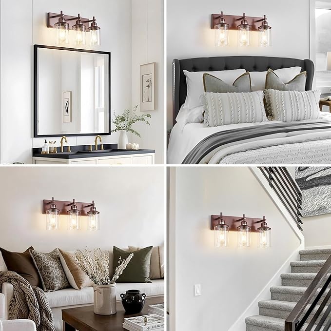 3-Light Bronze Bathroom Light Fixtures Over Mirror,Modern Bathroom Vanity Light with Clear Glass Shade, Wall Sconce for Bathroom Hallway Cabinet Bedroom Kitchen Living Room Foyer E26 Base