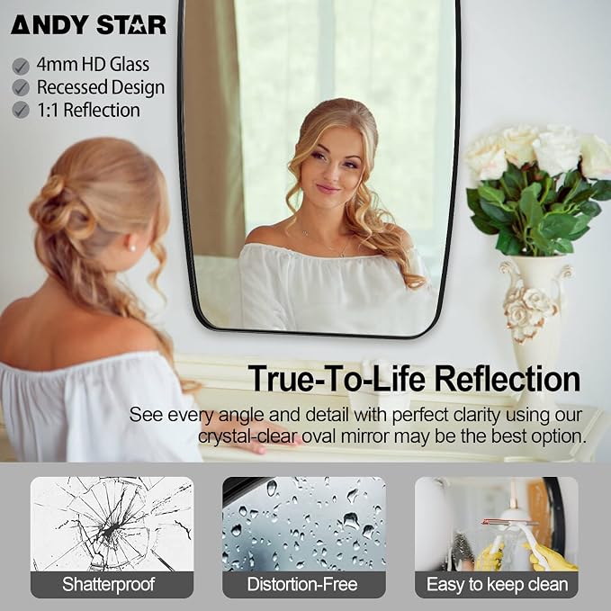 Oval Bathroom Mirror, 24x32’’ Matte Black Metal Frame Oblong Mirror for Bathroom, Modern Black Oval Bathroom Mirror for Over Sink, Hangs Horizontal or Vertical