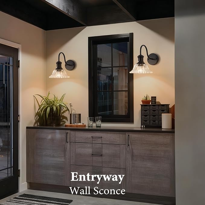Bathroom Vanity Lights 2 Pack, Black Wall Sconce with Pressed Patterned Glass Lampshade, Farmhouse Wall Light Fixtures for Bathroom, Bedroom, Living Room, Entryway