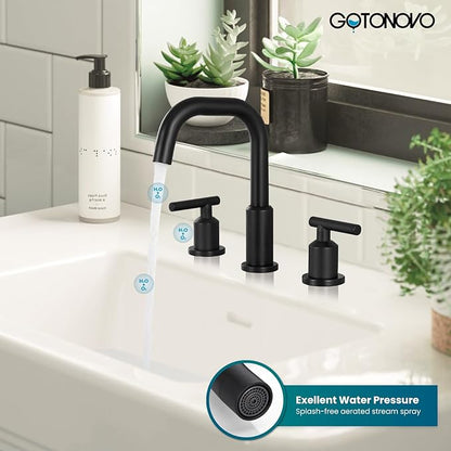 gotonovo 8 Inch Widespread Bathroom Sink Faucet 3 Hole 2 Handles Lavatory Basin with Pop Up Drain with Hot and Cold Mixer Valves Vintage Matte Black