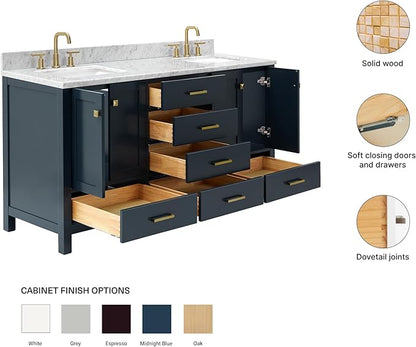 ARIEL Cambridge 66-inch Bathroom Vanity with Sink,Solid Wood, 0.75-inch Italian Carrara Marble Countertop, Double Rectangular Porcelain Sink, 4 Soft Closing Doors, 6 Dovetail Drawers, Midnight Blue