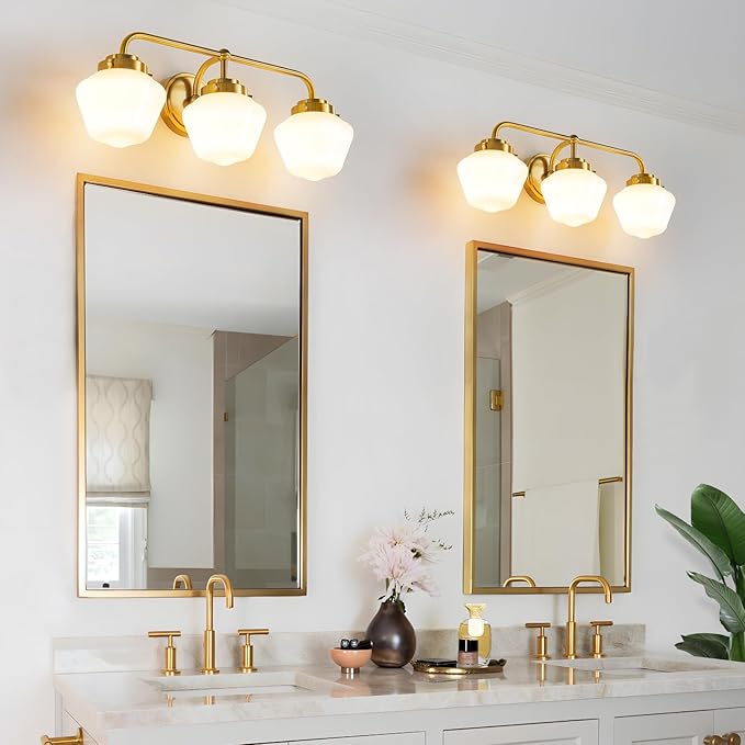 Bathroom Vanity Light Fixtures: 3-Lights Gold Vanity Lights Over Mirror, 17 Inch E26 60W Modern Bathroom Lighting Fixture with Milky White Glass for Bath Restroom