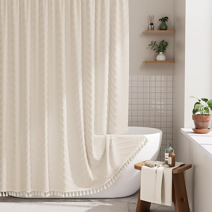 AmazerBath Boho Farmhouse Shower Curtain with Tassels, Beige Shower Curtain Set Fabric, Soft Cloth Chevron Rustic Shower Curtain with Hooks, Hotel Quality, 72x72 Inches
