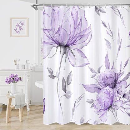 Litabel Long Boho Watercolor Floral Shower Curtain 72 x 78, Purple and Grey Ink Painting Style Flower Shower Curtains for Chic Elegant Bathroom, Artistic 78 Inch Long Fabric Shower Curtain