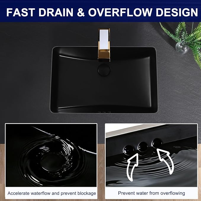 Black Undermount Bathroom Sink 23.8x16.3 Inch Bathroom Sink Matte Black Bathroom Under Counter Lavatory Vanity Sink Basin Rectangular Porcelain Ceramic Undermount Sinks with Overflow
