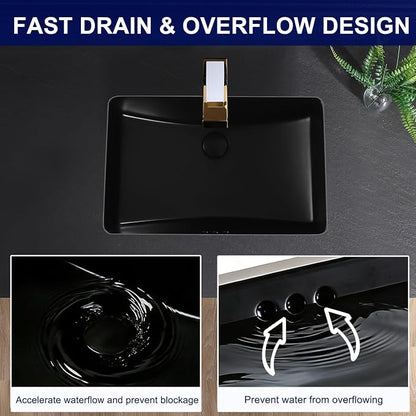 Black Undermount Bathroom Sink 23.8x16.3 Inch Bathroom Sink Matte Black Bathroom Under Counter Lavatory Vanity Sink Basin Rectangular Porcelain Ceramic Undermount Sinks with Overflow