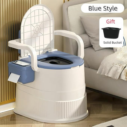 Portable toilet seat with armrests, with lid, with tissue holder, with seat function, robust, easy to clean, no power connection required, suitable for indoor and outdoor use (Blue)