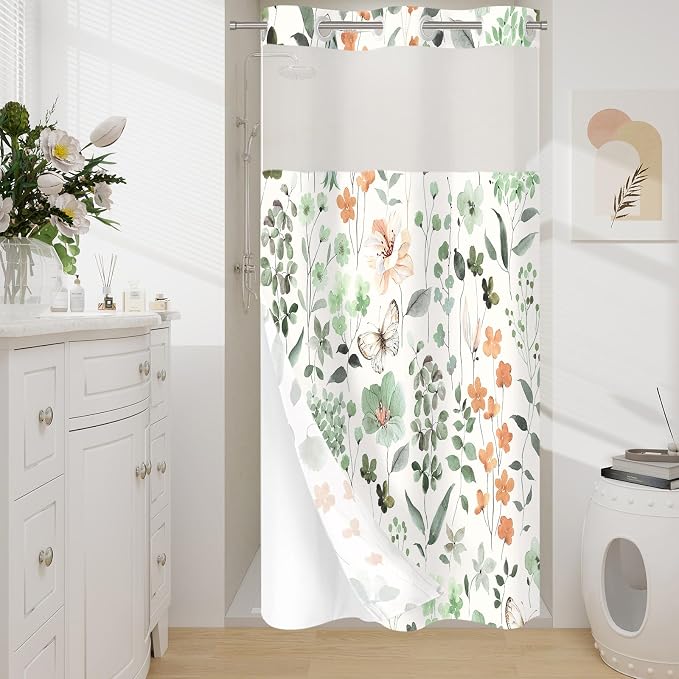 No Hook Sage Green Watercolor Floral Shower Curtain and Liner Set, 36x74 | Spring Flower Shower Curtains with Snap-in Liner for Farmhouse Bathroom Decor, Botanical Bathroom Curtain with Leaves