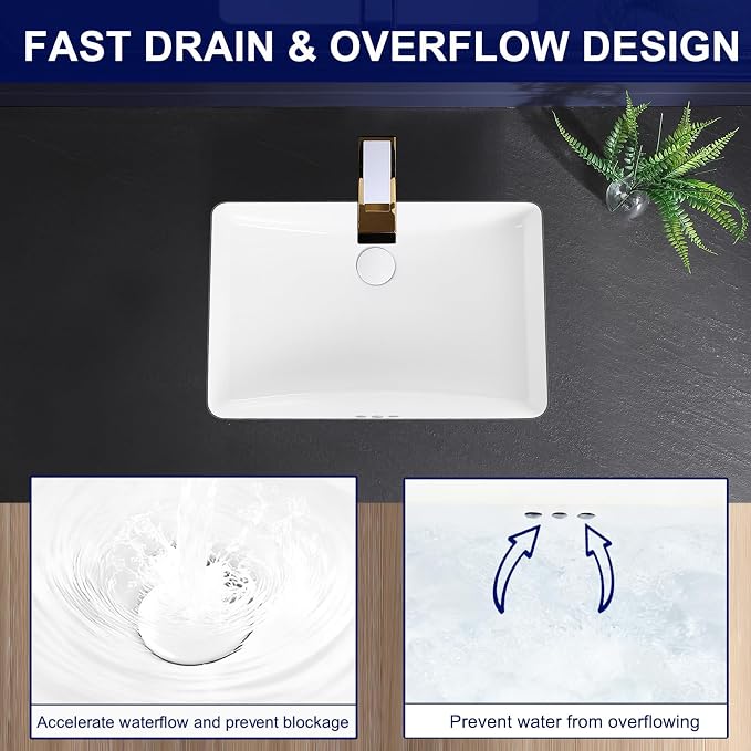 Undermount Bathroom Sink 24x16 Inch Small Bathroom Sink White Porcelain Ceramic Bathroom Under Counter Lavatory Vanity Sink Basin Rectangular Undermount Sinks with Overflow
