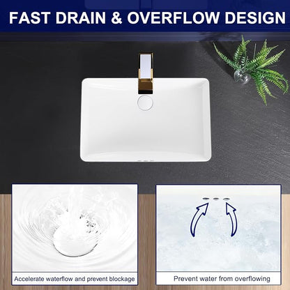 Undermount Bathroom Sink 24x16 Inch Small Bathroom Sink White Porcelain Ceramic Bathroom Under Counter Lavatory Vanity Sink Basin Rectangular Undermount Sinks with Overflow
