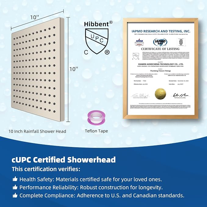 Hibbent cUPC Certified High Pressure 10'' Rain Shower Head, Brushed Nickel | Metal Square Bathroom Waterfall Thickness Shower Heads, High-flow Fixed Rainfall Showerheads, Adjustable Brass Ball Joint