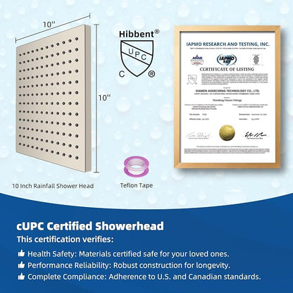 Hibbent cUPC Certified High Pressure 10'' Rain Shower Head, Brushed Nickel | Metal Square Bathroom Waterfall Thickness Shower Heads, High-flow Fixed Rainfall Showerheads, Adjustable Brass Ball Joint