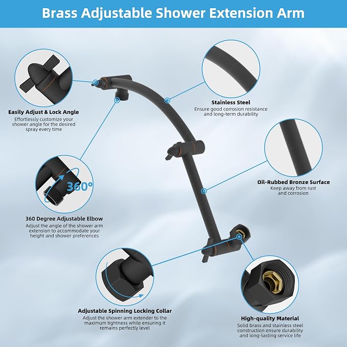 Hibbent 12'' Rain Shower Head with 16'' Extension Arm, Oil Rubbed Bronze | cUPC Certified High Pressure Rainfall Showerhead with Solid Brass Adjustable Shower Head Extension Arm, Fixed Showerheads