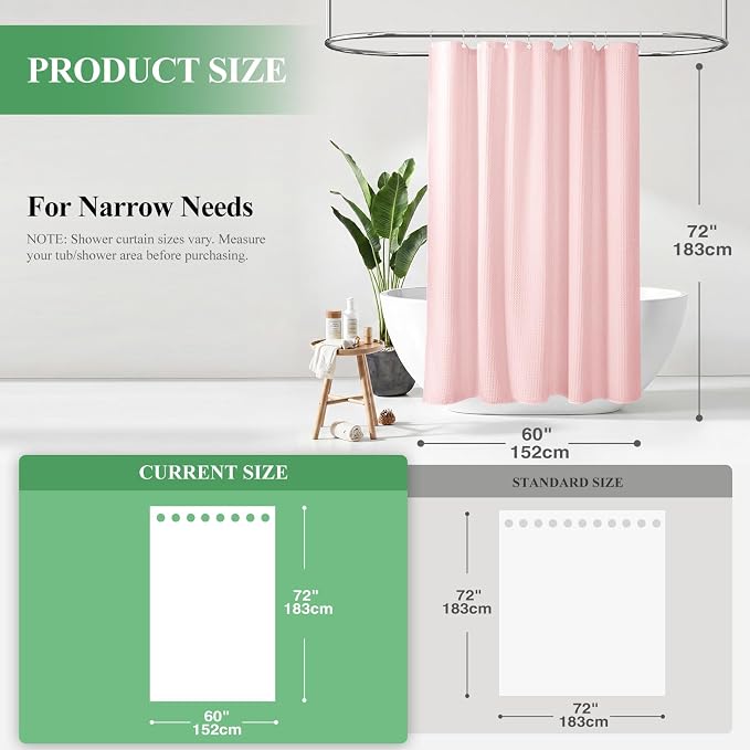 Stall Waffle Shower Curtain 256 GSM Heavy Fabric 60x72 Pink | 60 Inch Wide, Thick Cloth, Weighted Hem, Water Repellent, Hotel Luxury Polyester Shower Curtain Set for Bathroom 10 Hooks