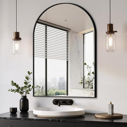 Arched Bathroom Mirror, 24"x36", Black | Wall Mounted, Vanity Mirror, For Bedroom, Living Room and Entryway