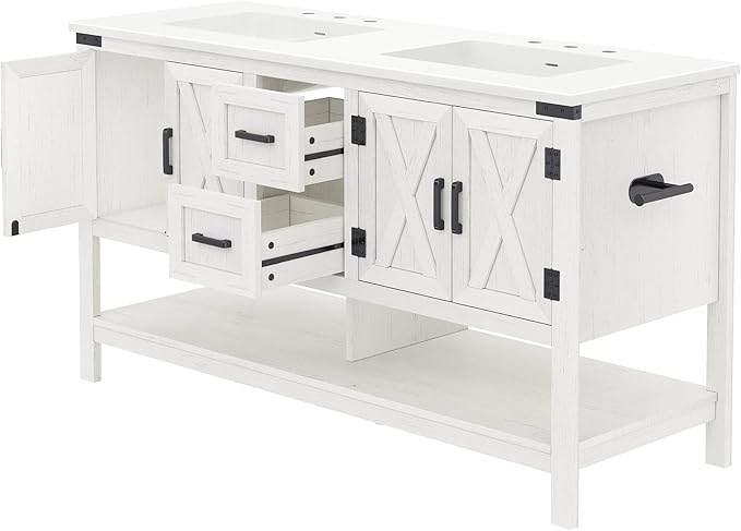 AMERLIFE 60” Farmhouse Bathroom Vanity with Double Sink, Freestanding Cabinet with 2 Drawers, 4 Barn Doors & Open Shelf, Rustic Storage for Master or Family Bathroom, Antique White
