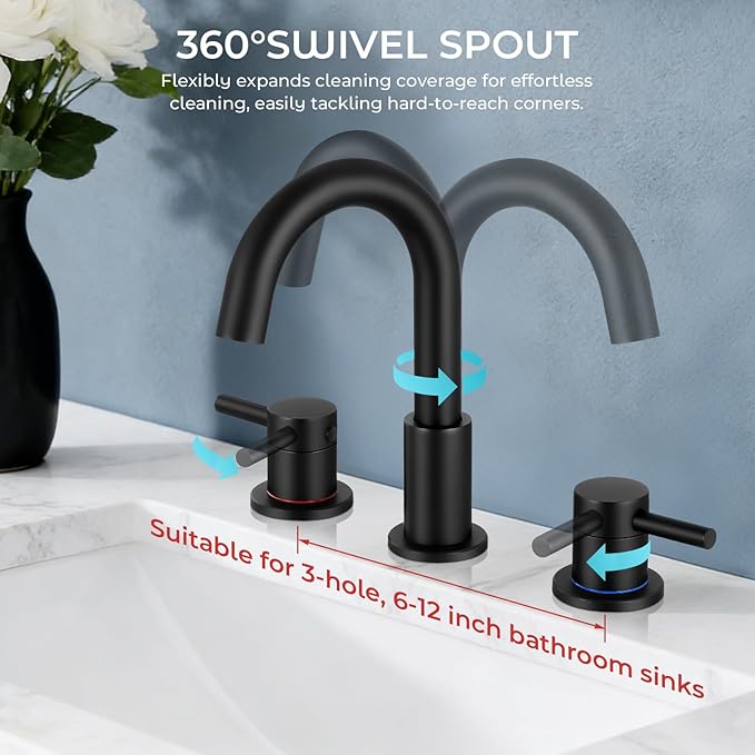 FGKQ Black Bathroom Faucet for Sink 3 Hole, Bathroom Sink Faucet with Pop Up Drain, 8 Inch Widespread Vanity Faucet 3 Hole, 360° Swivel Two Handle with Supply Lines