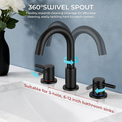 FGKQ Black Bathroom Faucet for Sink 3 Hole, Bathroom Sink Faucet with Pop Up Drain, 8 Inch Widespread Vanity Faucet 3 Hole, 360° Swivel Two Handle with Supply Lines